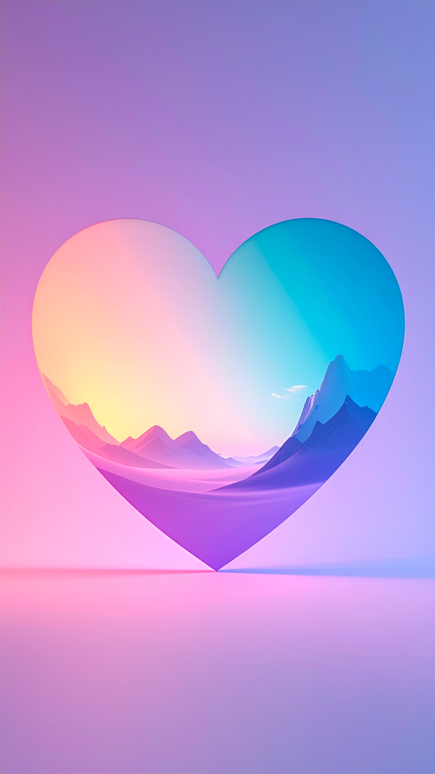 パステルピンクと紫の背景に、幻想的な山脈の景色を映したハート型のシルエット。