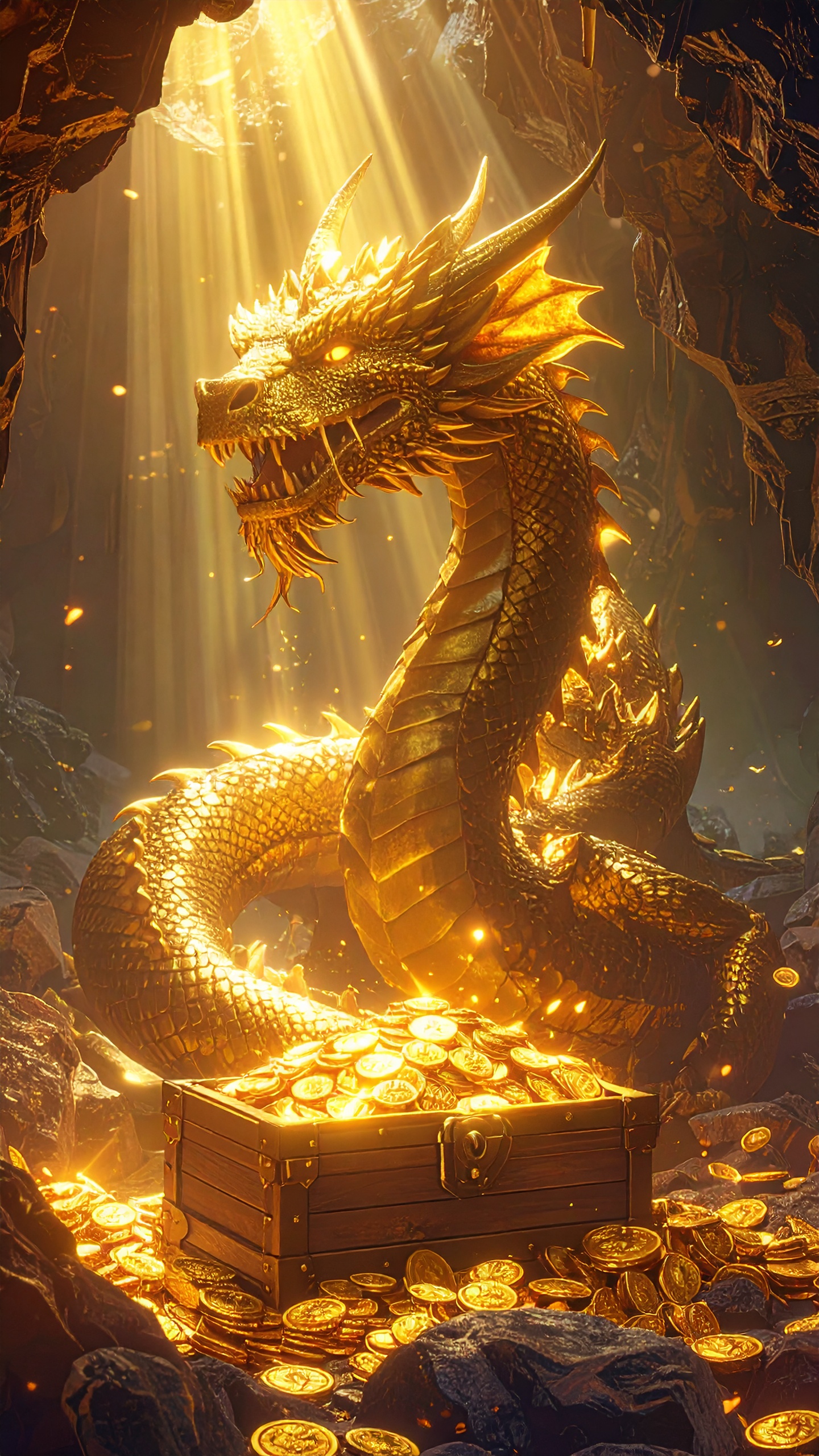 金貨の山の上に座り、財宝を守護する強靭で荘厳な東洋のドラゴンの姿。