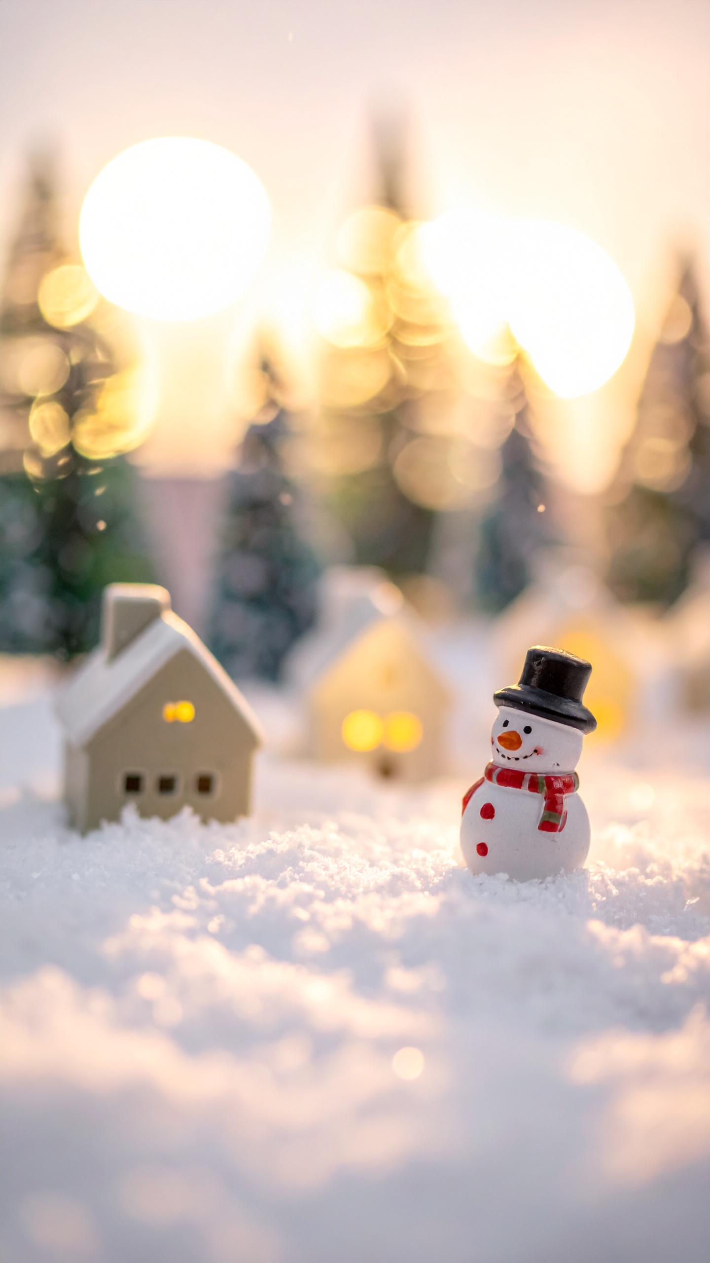 小さな家から漏れる暖色の光と、雪の白さが心地よい冬のムードを表現。