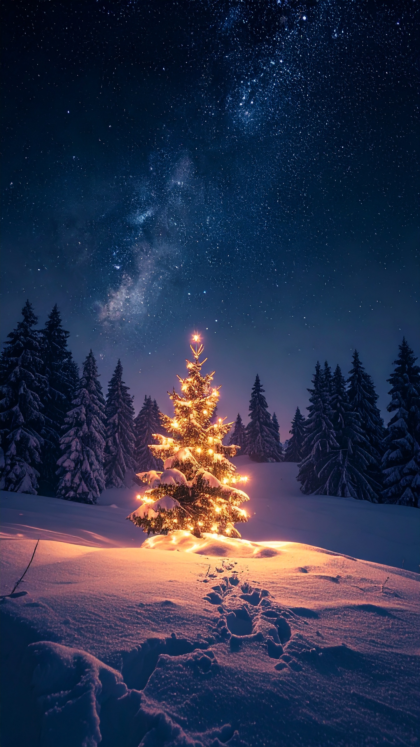 雪に覆われた森の中で、無数の電飾が輝く一本のクリスマスツリーと星空。