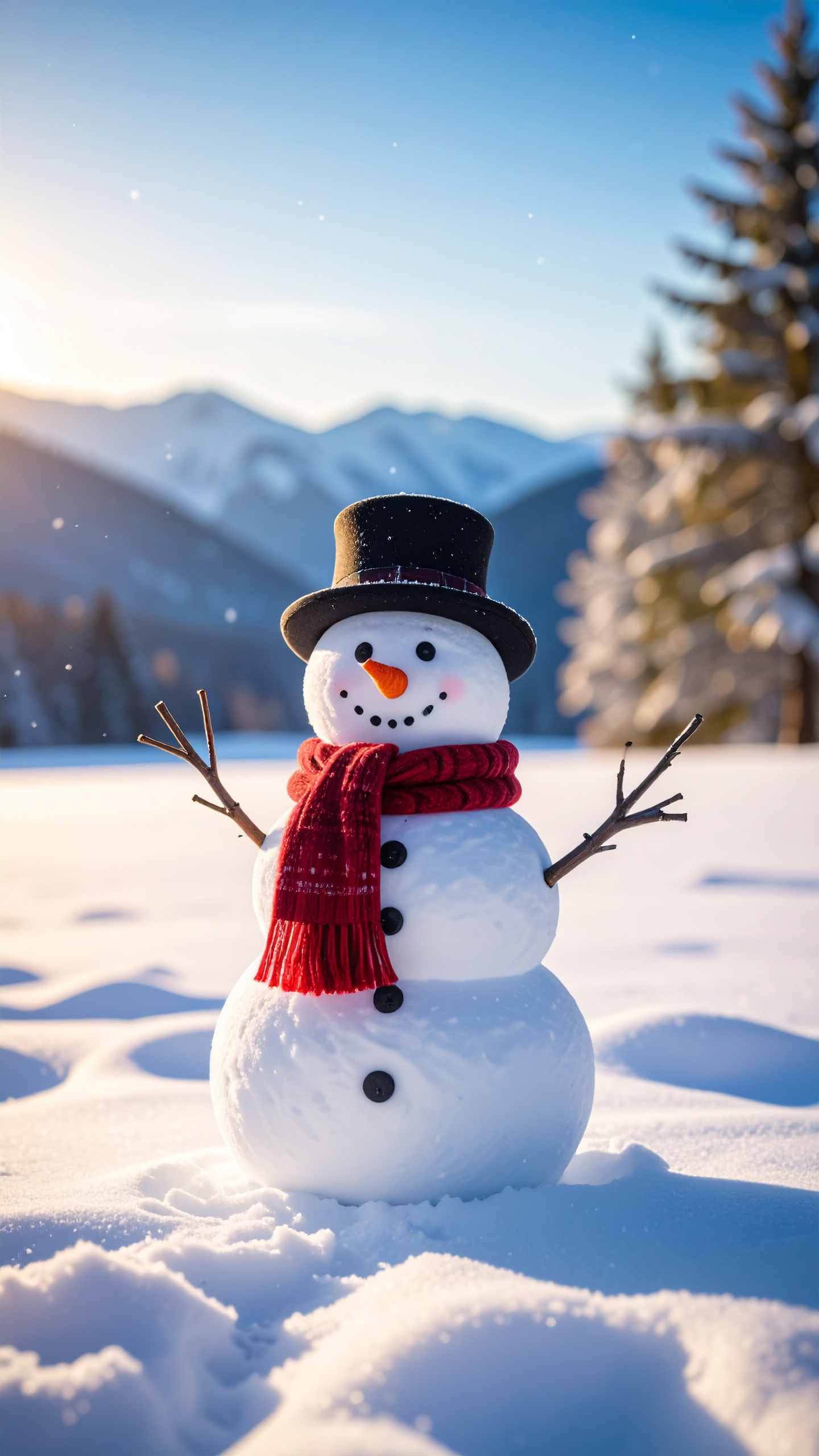 真っ白い雪原に立つ、シルクハットと赤いマフラーを身に着けた陽気な雪だるま。