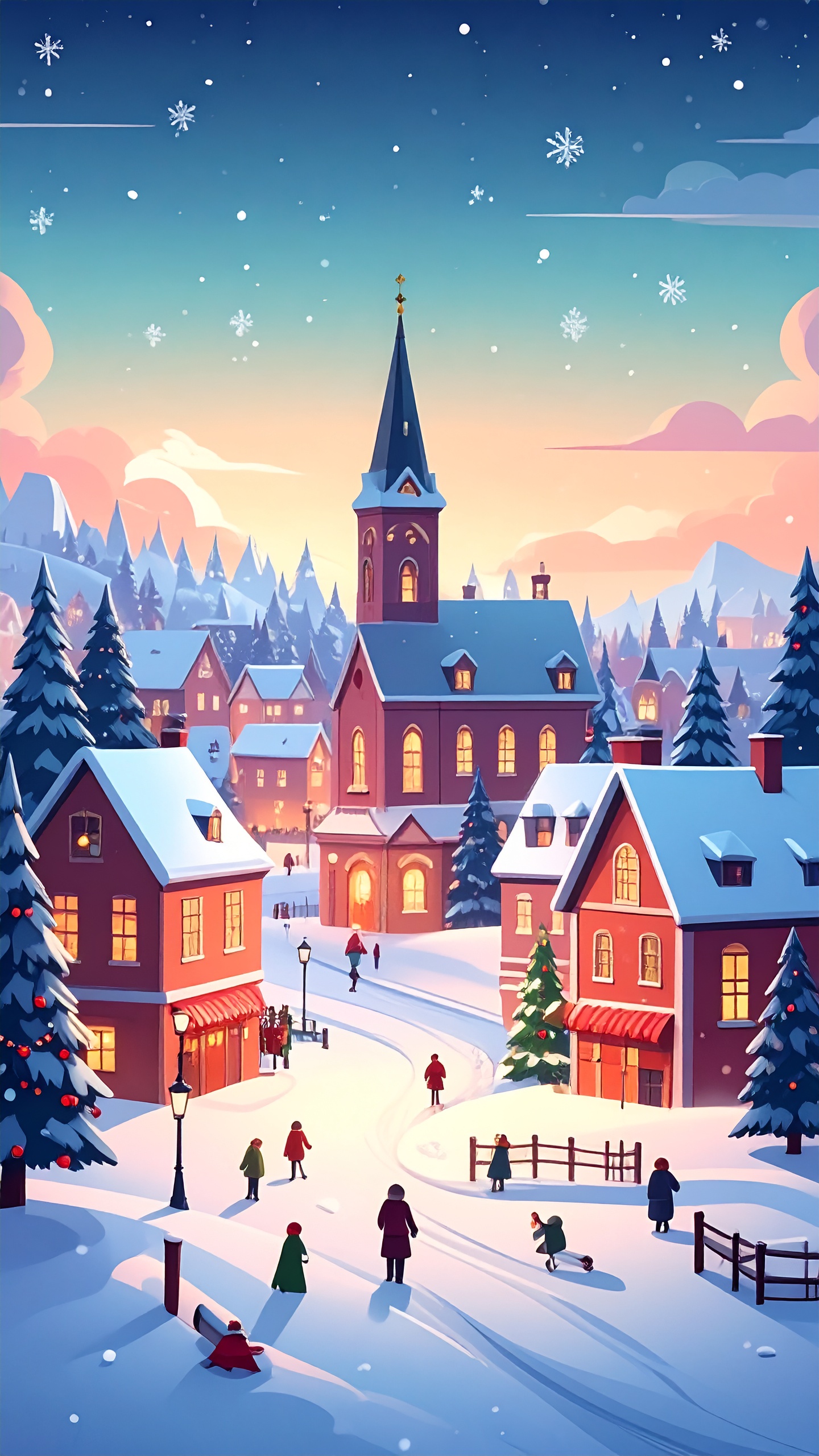 赤と白の可愛らしい家々が並び、人々が広場を歩く賑やかな冬のイラスト。