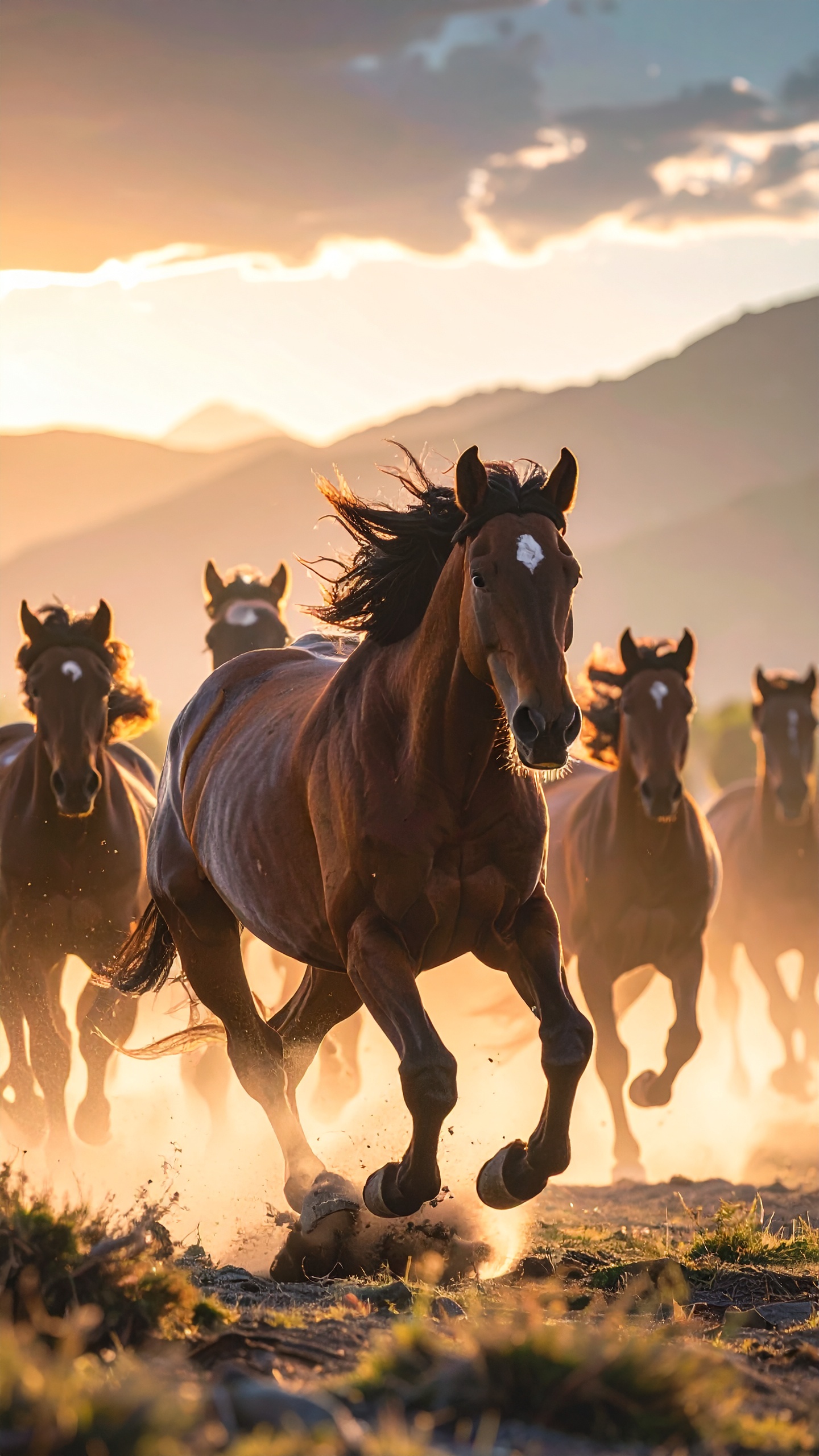 逆光が描き出す馬たちの圧倒的な生命力。その毛並みの輝きが、スマホ画面に高級感を添えます。